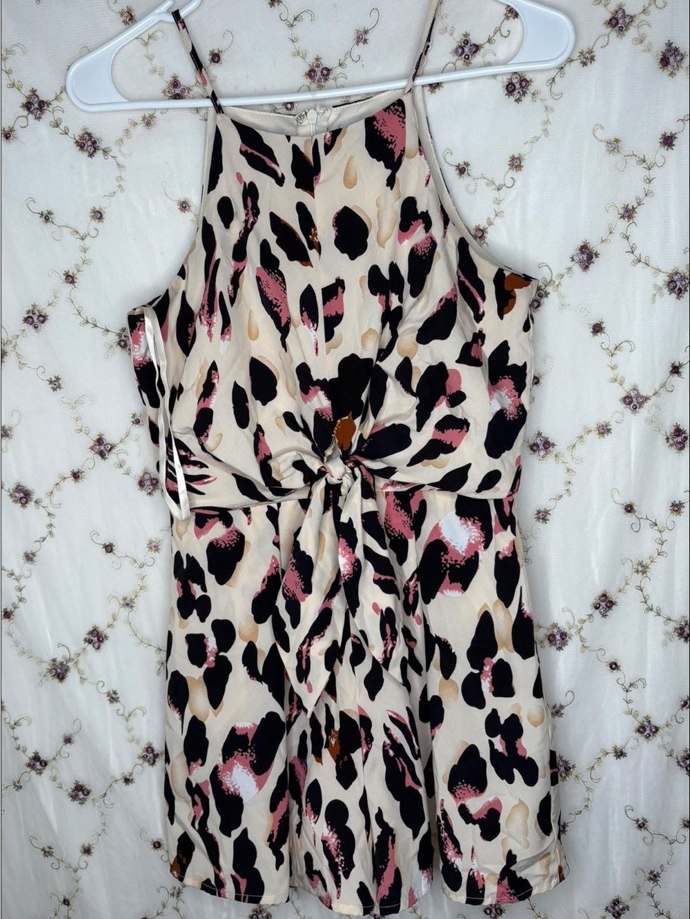 She + Sky Beige Leopard-Print Mini Dress with Pink and Black Spots